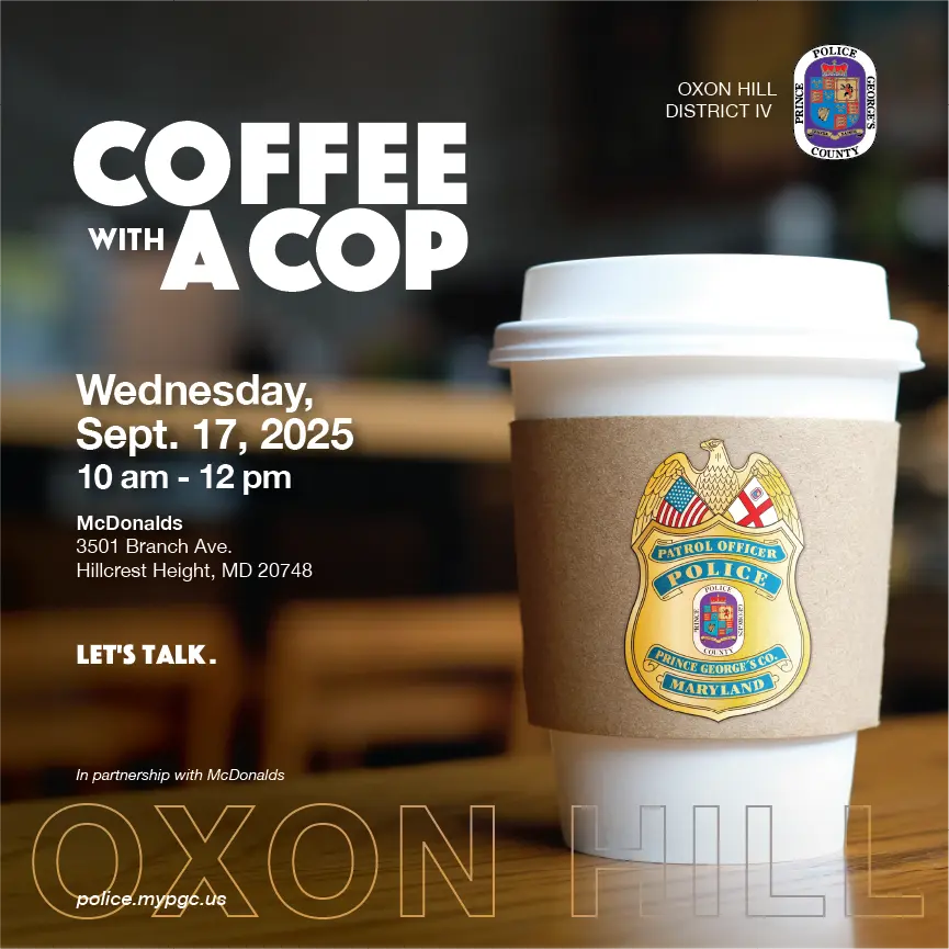 Coffee Cup with Police Badge Inviting Community to Coffee Club Event
