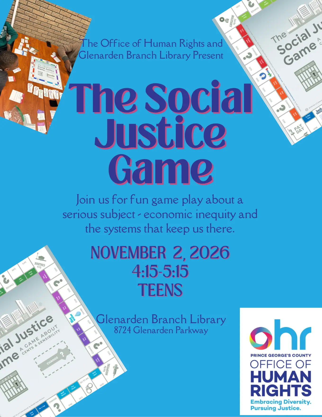 Blue social justice game flyer featuring images of the game board and a group of people playing the game