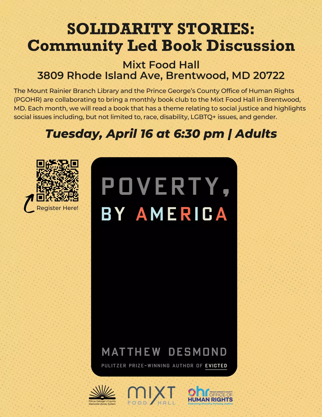 Flyer for Solidary Stories featuring book cover for Poverty, By America by Matthew Desmond