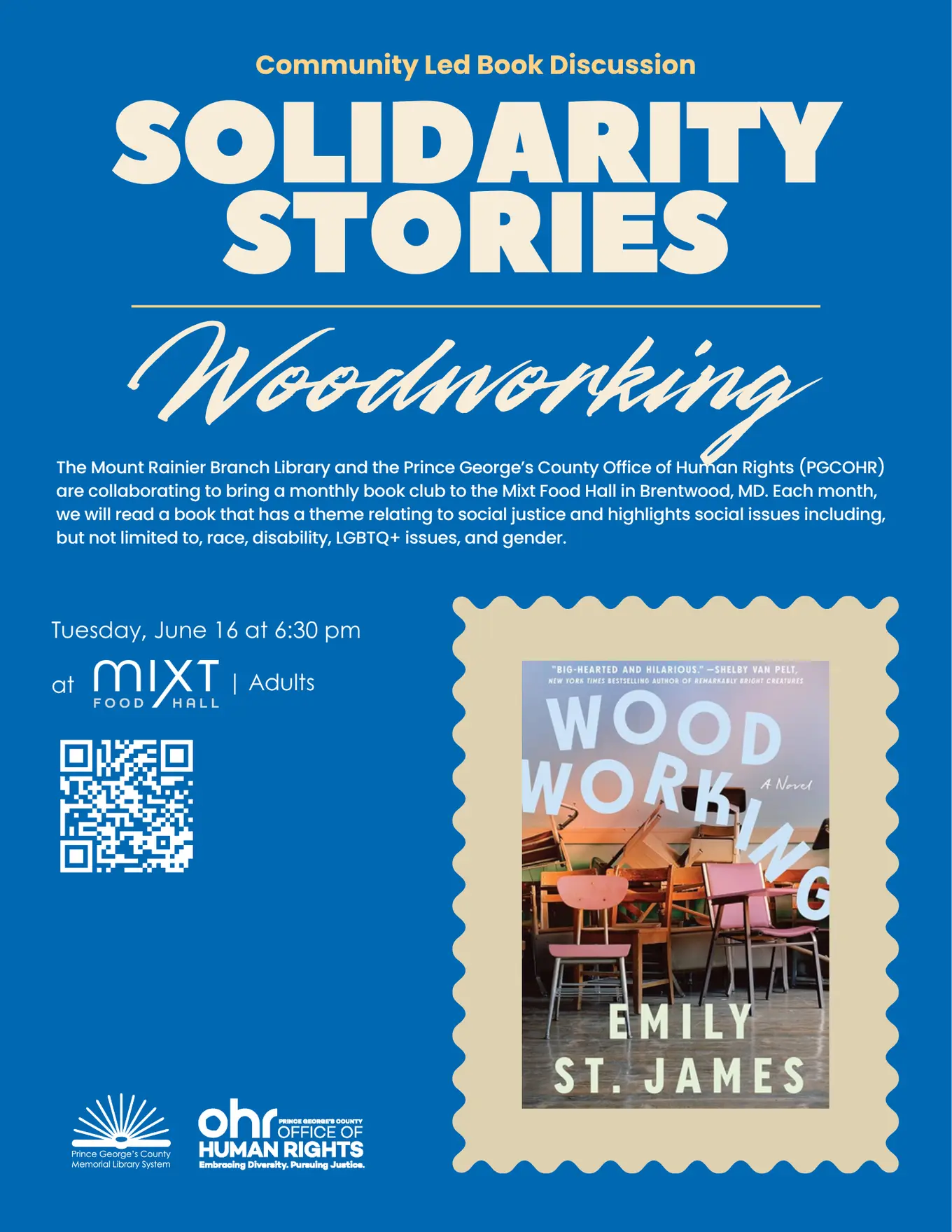Blue flyer with white writing advertising Solidary Stories book group, with an image of the book jacket for "Woodworking" by Emily St. James