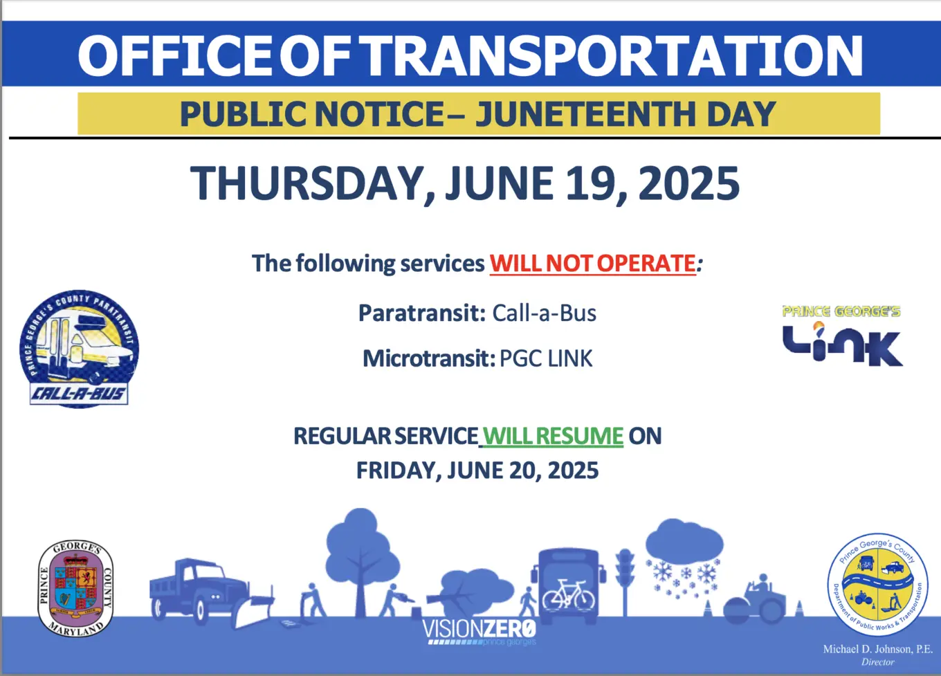 DPW&T Juneteenth transit closures for paratransit services 