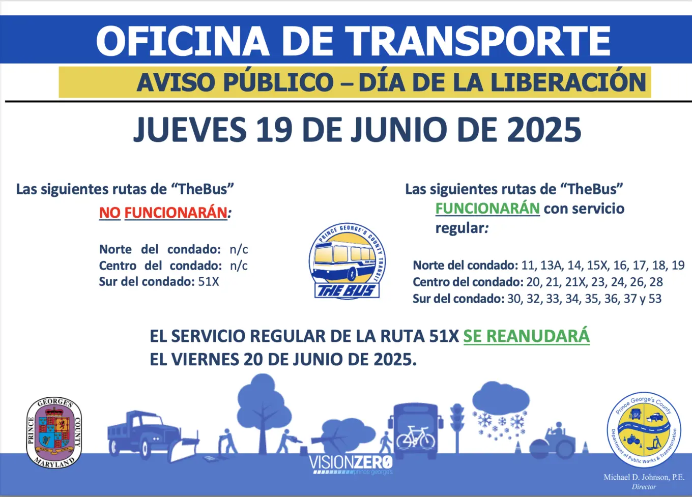 DPW&T transit closures for Juneteenth holiday for TheBus