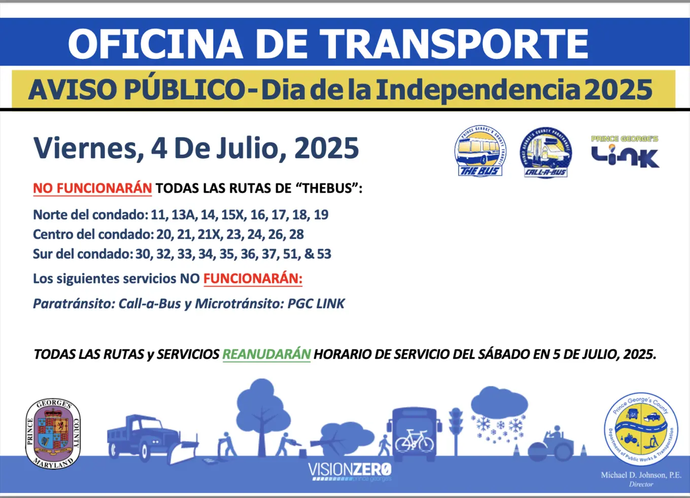 Aviso público del 4 de julio sobre cierres de transporte público
