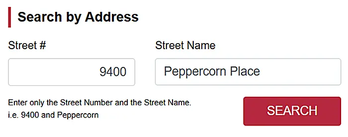 Screenshot showing sample of Search by Address using street number and name