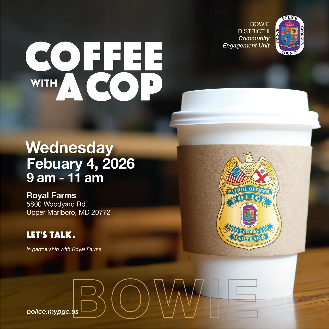 Coffee Cup with Police Badge Inviting Community to Coffee Club Event