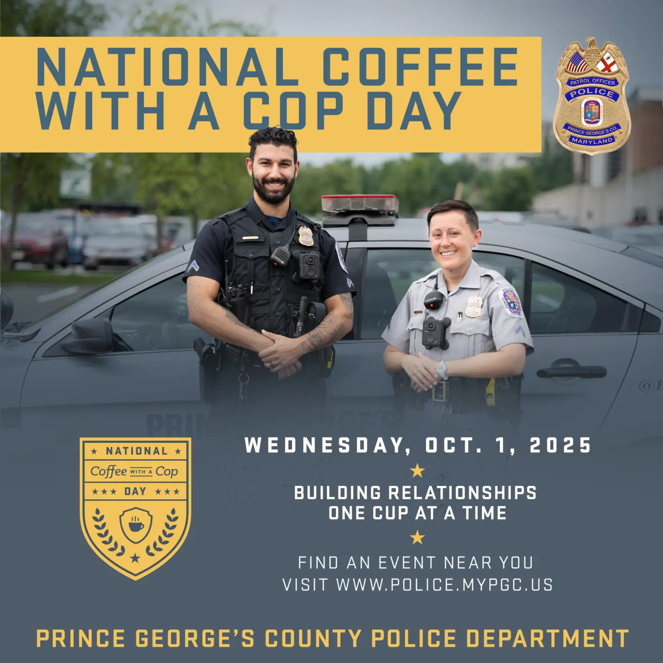 Two police officers in front of a police car. National Coffee with a Cop Day