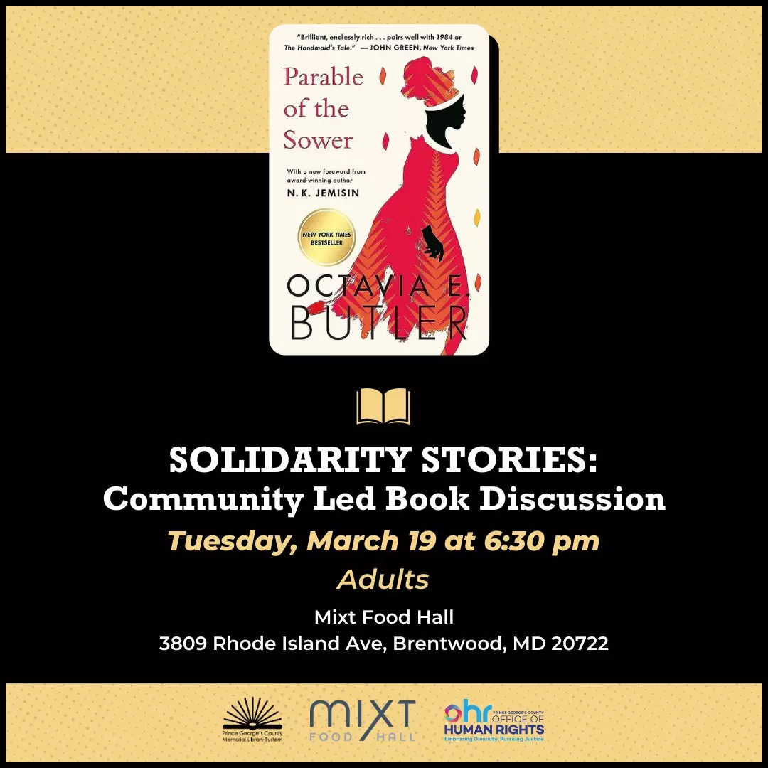 Solidarity Stories: Community Led Book Discussion, with cover image of Octavia Butler's Parable of the Sower