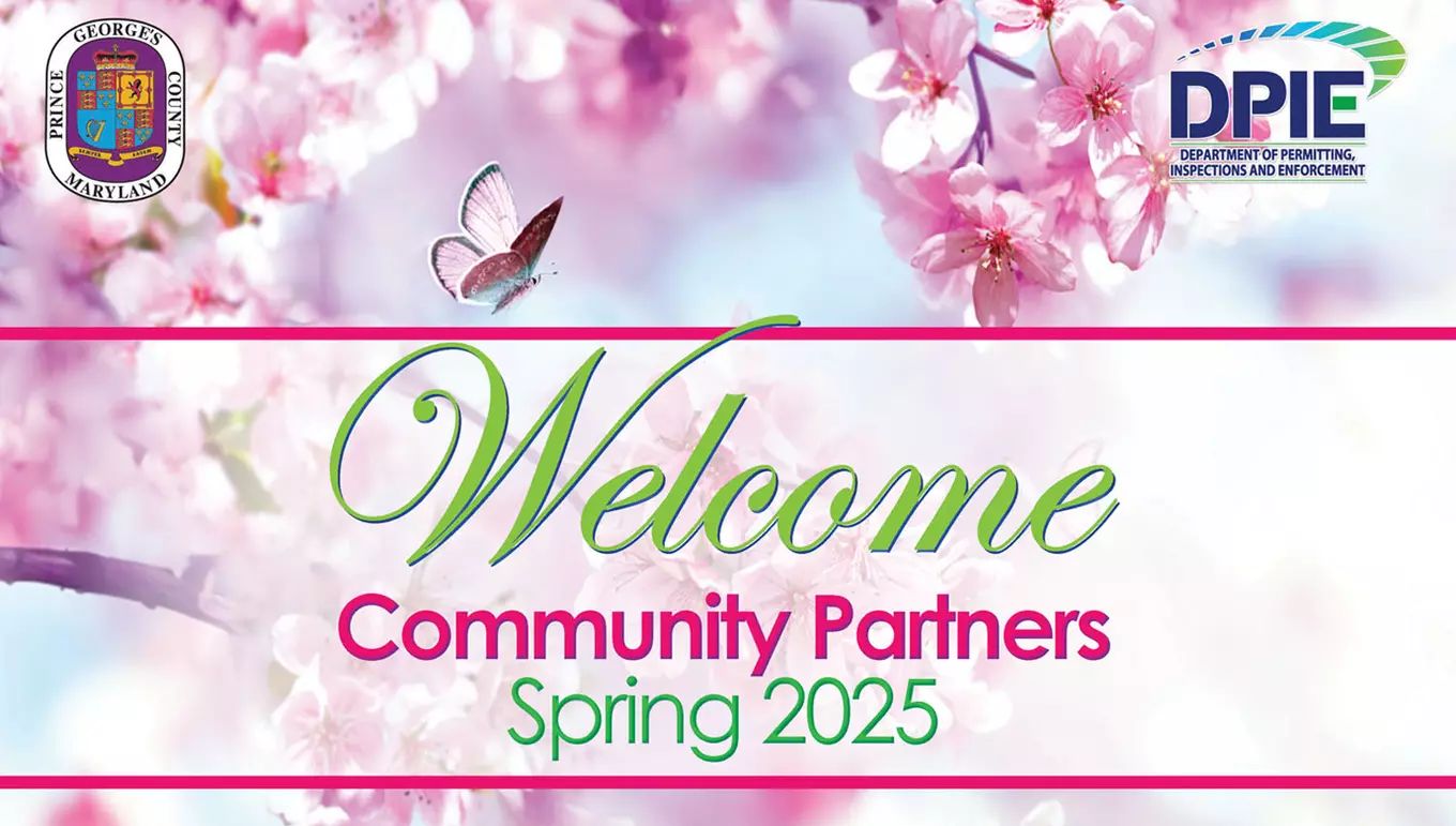 Community Partners' Spring 2025 DPIE banner: Image of close-up of pink cherry blossoms with a pink butterfly, Welcome (text in green letters), Community Partners (text in pink letters), Spring 2025 (text in green letters), and County & DPIE logos