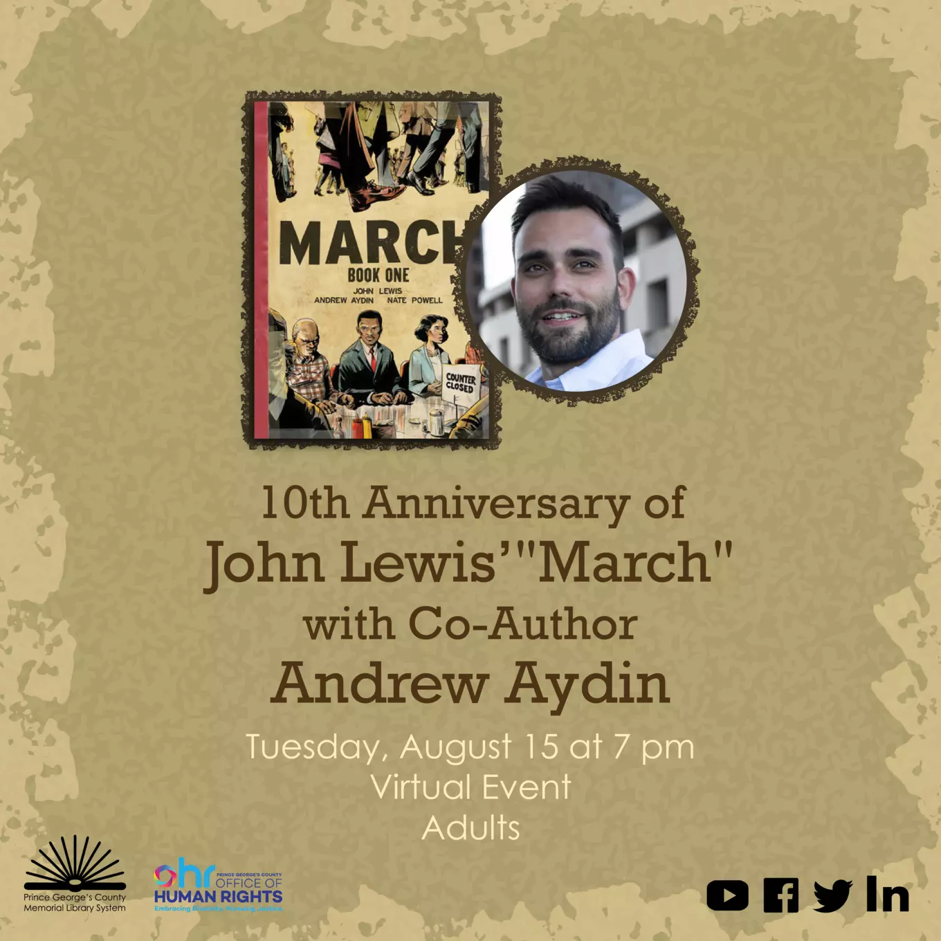 Flyer for August 15, 2023 event with Andrew Aydin, co-author of "March"