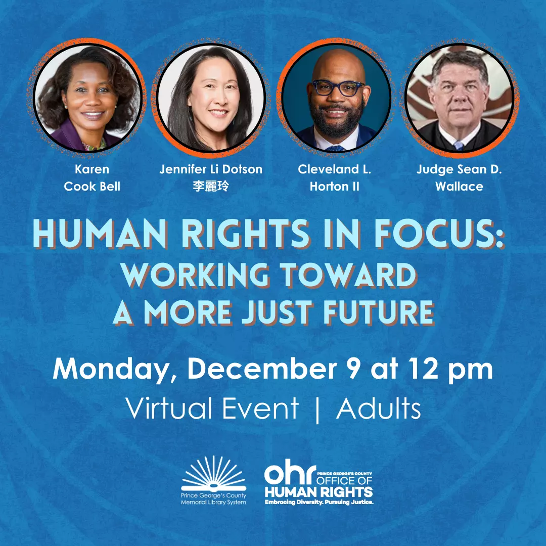 Human Rights in Focus: Working Toward a More Just Future flyer featuring images of panelists