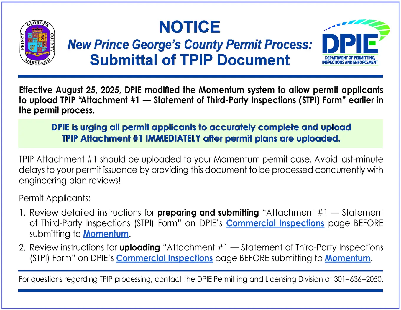 NOTICE - Submittal of TPIP Documents Notice with PGCo and DPIE logos. DPIE is urging all permit applicants to accurately complete and upload TPIP Attachment #1 IMMEDIATELY after permit plans are uploaded.