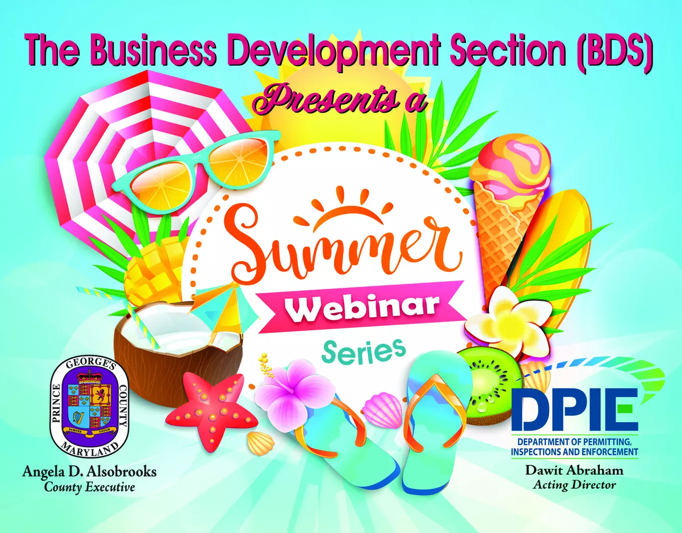 BDS Summer Webinar graphic with summer icons of surfboard, sunglasses, ice cream, etc.