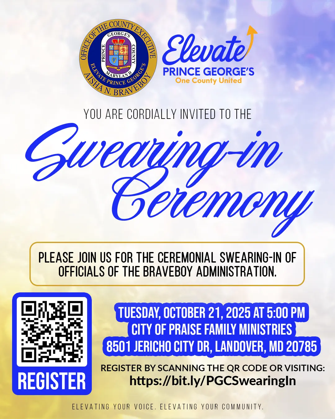 Braveboy Administration Swearing-in Ceremony invitation flyer on sparkling blue, yellow, and white background.