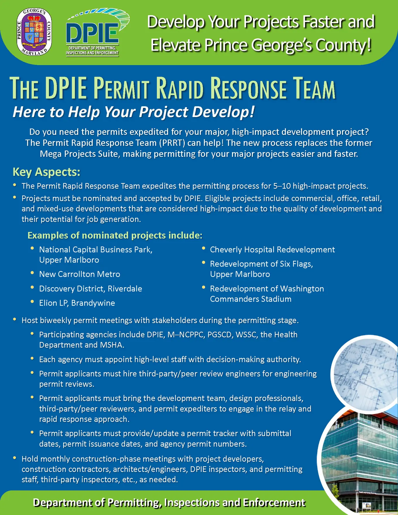 Yellow and blue flyer with text explaining The DPIE Permit Rapid Response Team, 1 photo of staff in hard hats and 1 photo of building plans