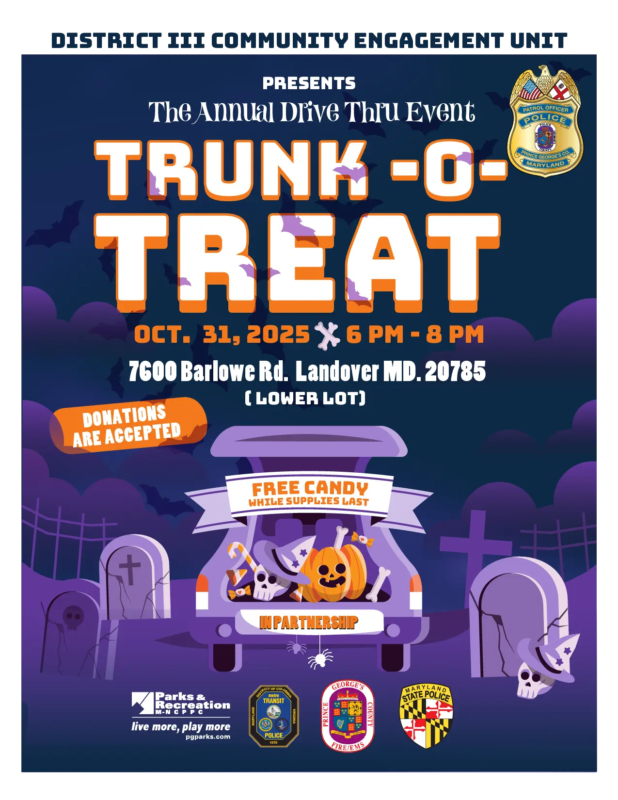 Truck or Treat event Friday Oct. 31 from 6:00-8:00 pm. Image car in graveyard with pumpkin and candy.