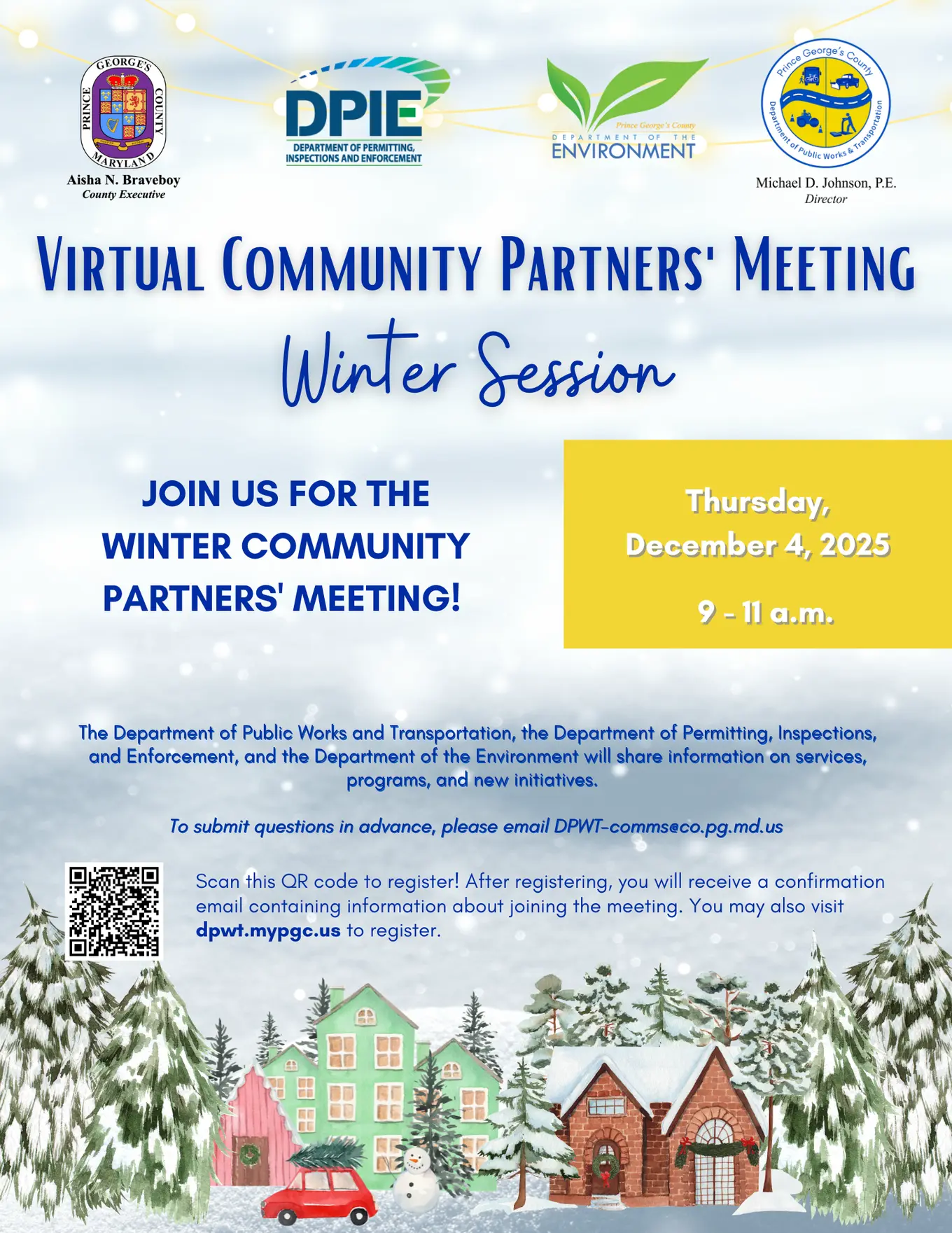 Winter themed flyer on event for DPW&T's Virtual Community Partners meeting happening on December 4. 2025 