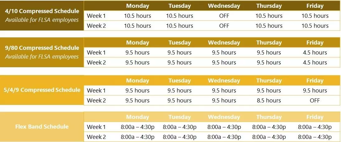 This is a further breakdown of the alternative work and flex schedules, providing a two-week example schedule for each type of alternative work schedule.