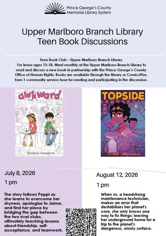 Flyer featuring July's book selection, "Awkward", and August's selection of "Topside".