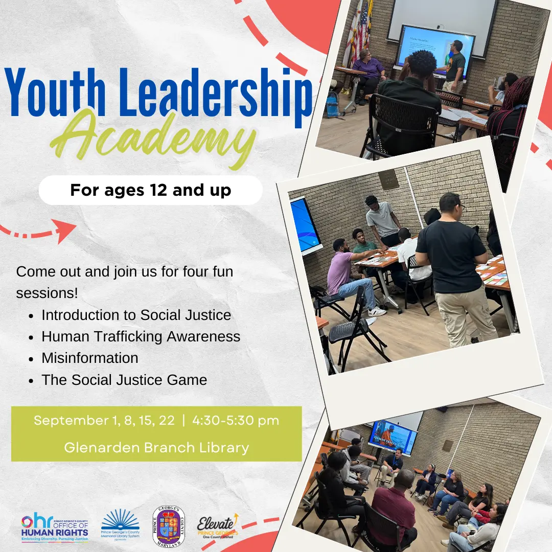 Flyer for Youth Leadership Academy featuring images of previous YLA sessions and with information about dates and times