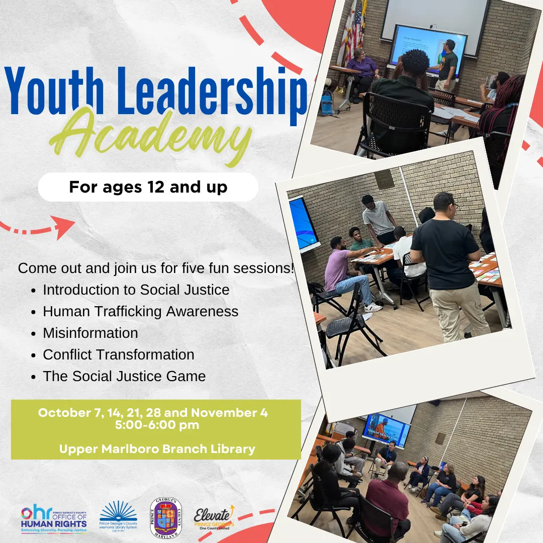 Youth Leadership Academy flyer featuring three images of people sitting in a circle as well as text that outlines the dates and sessions for the October YLA