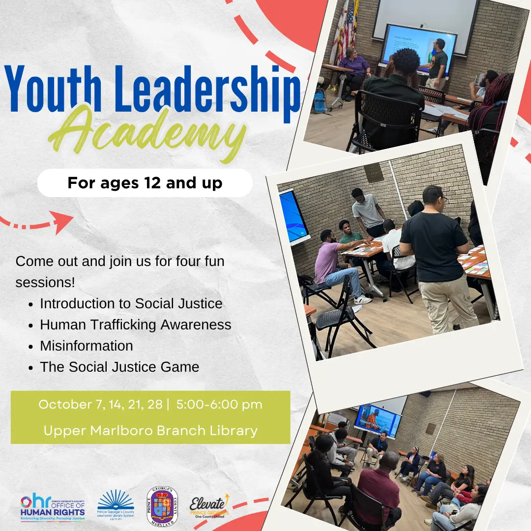 Flyer for Youth Leadership Academy in Upper Marlboro, featuring three photos of previous YLA sessions