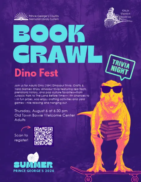 A royal blue flyer with an orange drawing of a T Rex wearing sunglasses and holding a stack of books