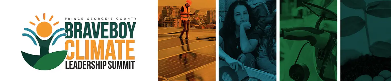 Braveboy Climate Leadership Summit - sprout illustration, solar panels, protesters, electric vehicle charging