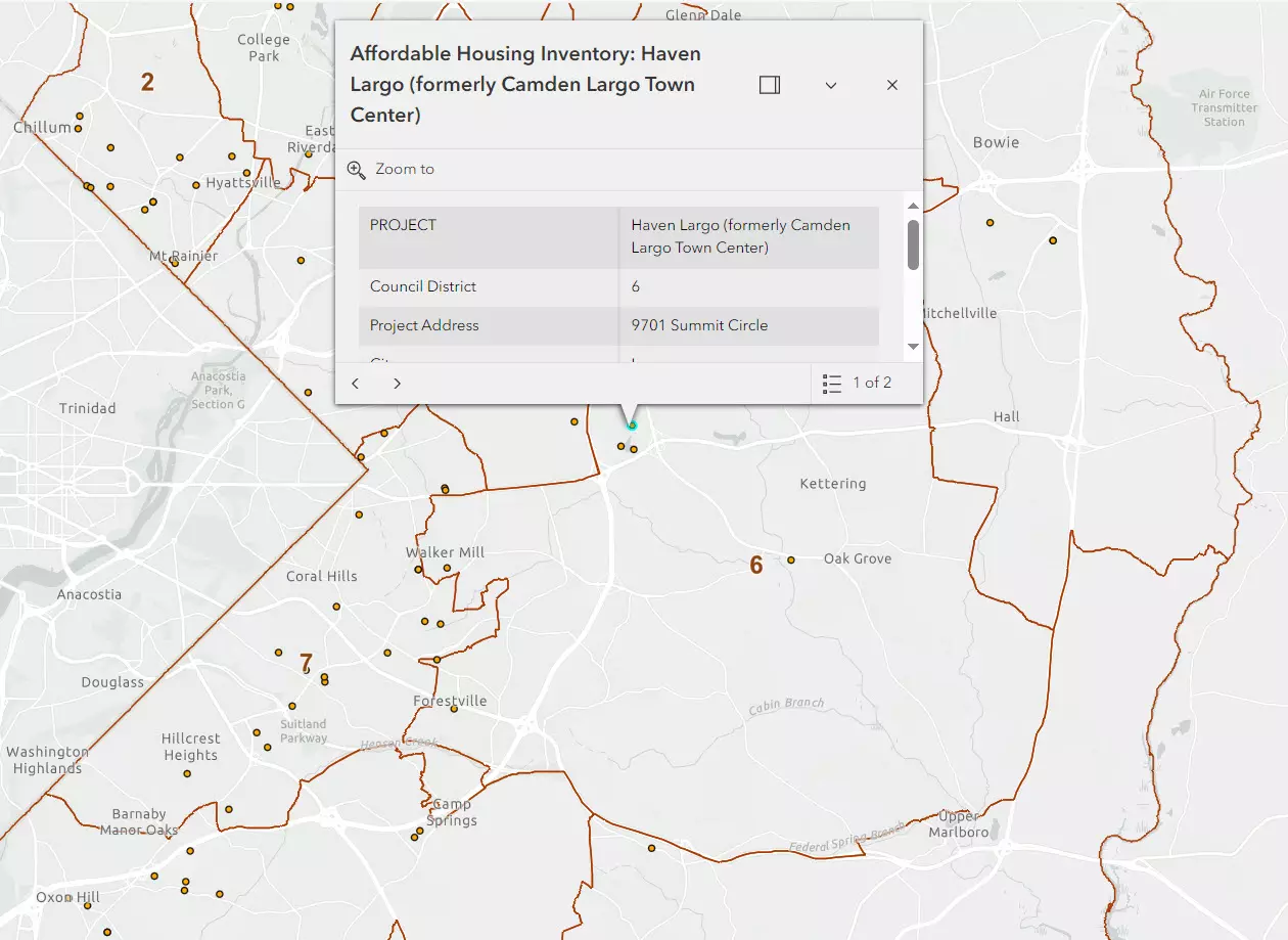 County map showing affordable housing locations with Haven Largo highlighted