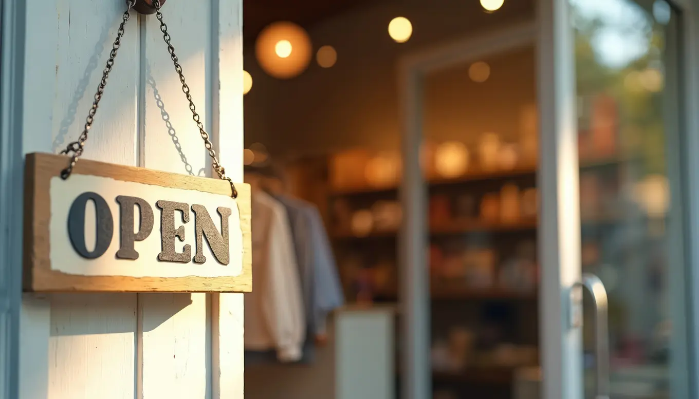 Open sign hanging in front of storefront store.
