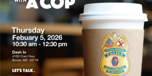 Coffee Cup with Police Badge Inviting Community to Coffee Club Event