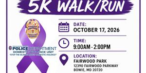 Domestic Violence Awareness 5K Walk flyer featuring purple ribbon