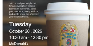 Coffee Cup with Police Badge Inviting Community Members to Coffee Club Event