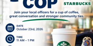 Coffee Cup with Police Badge Inviting Community to Coffee Club Event