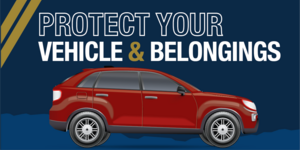 Picture of a red car with the words Protect Your Vehicle and Belongings