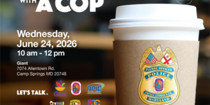 An invitation to a community event featuring a coffee cup with a police badge
