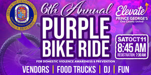 6th Annual Purple Bike Ride for Domestic Violence Awareness & Prevention web banner. Vendors, food trucks, DJ, fun on Saturday October 11, at 8:45 AM.