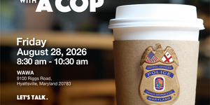 Coffee Cup with Police Badge Inviting Community to Coffee Club Event