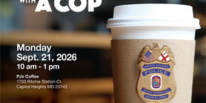 Coffee Cup with Police Badge Inviting Community to Coffee Club Event