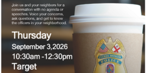 Coffee Cup with Police Badge Inviting Community to Coffee Club Event