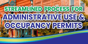 Administrative Use and Occupancy words with business mall photo in background, blue and green swish at bottom