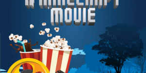 Popcorn, soda and movie reel, in front of blue trees. Text Blue lights Movie Night A Minecraft Move.