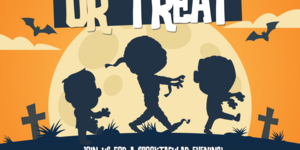 Truck or Treat event Thursday Oct. 30 from 6:30-8:30 pm. Image Mummies walking across with moon in background 