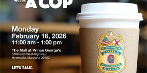 Coffee Cup with Police Badge Inviting Community to Hyattsville Coffee Club Event