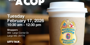 Coffee Cup with Police Badge Inviting Community to Bowie Coffee Club Event
