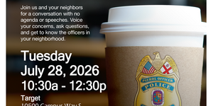 Coffee Cup with Police Badge Inviting Community to Coffee Club Event