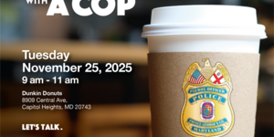Coffee Cup with Police Badge Inviting Community to Coffee Club Event