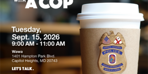 Coffee Cup with Police Badge Inviting Community to Coffee Club Event