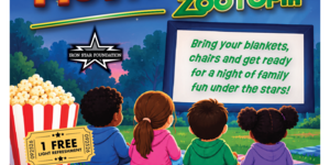 Police department movie night flyer with children on lawn watching movie screen