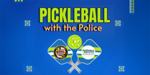 Pickleball with the police features two paddles and a green pickleball, showcasing two logos: the police badge and Maryland Parks and Planning.