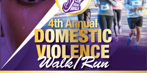 Domestic Violence women with tear on left side of graphic on right side people running.